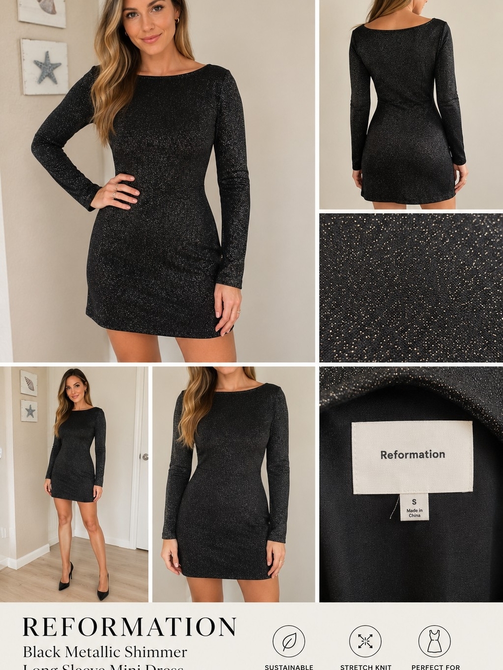 Reformation Black Metallic Shimmer Long Sleeve Mini Dress NWOT Size S
